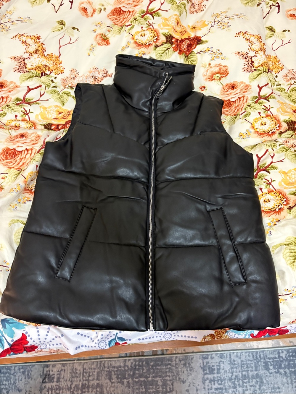 Black Quilted Faux-Leather Puffer Vest - Unbranded